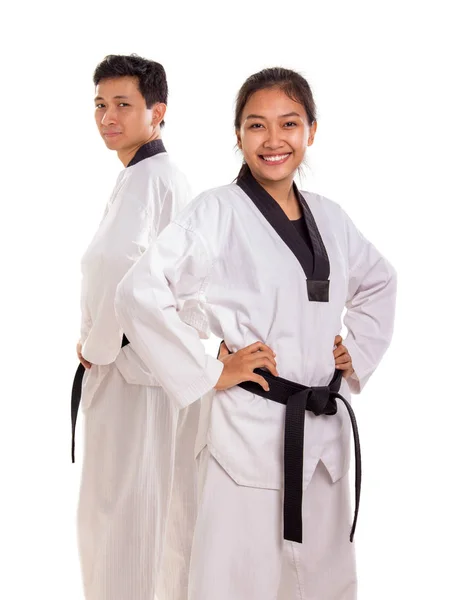 格闘ポーズに制服姿で白い背景に分離された肖像画のグループ — ストック写真