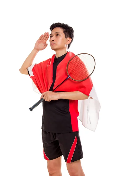 Portret Van Indonesisch Badminton Speler Geven Een Hand Aanhef Geïsoleerd — Stockfoto