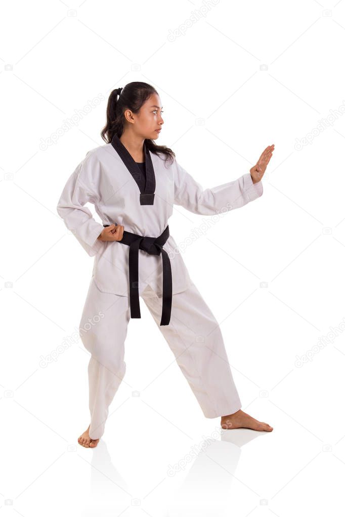 Side profile of female martial artist in her fighting stance, full length portrait over white