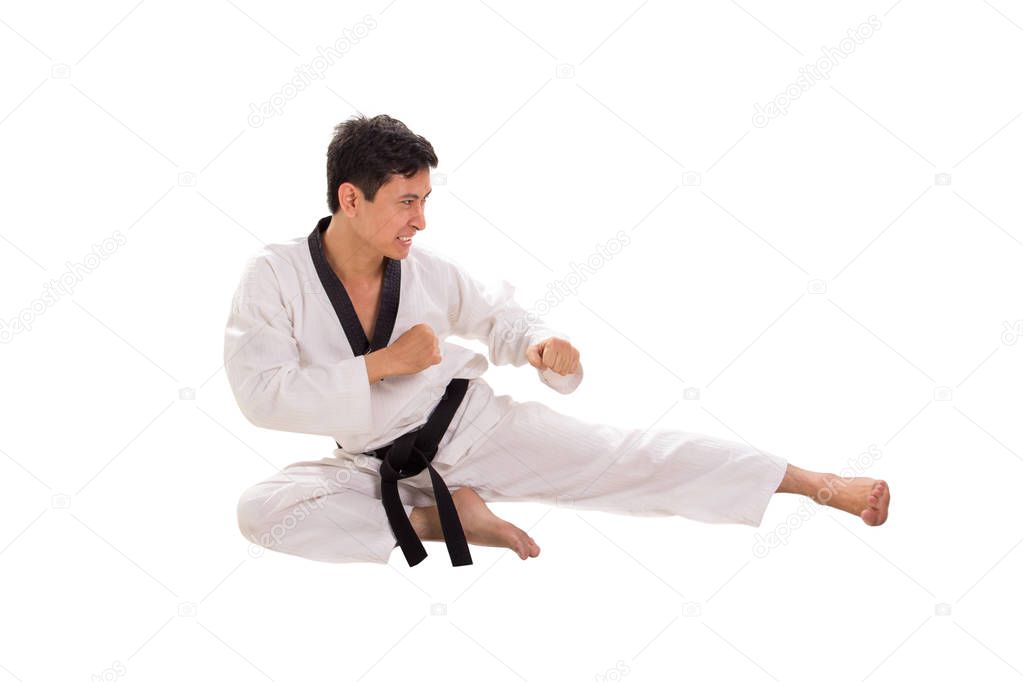 A male martial artist  jumping kick, side profile, isolated portrait over white