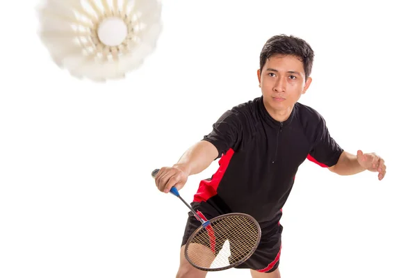 Badminton Player Pronto Para Retornar Shuttlecock Com Técnica Backhand Isolado — Fotografia de Stock