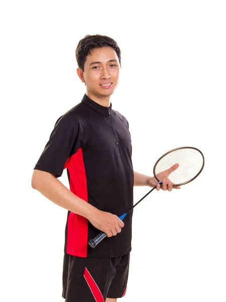 Porträtt Manlig Asiatiska Badmintonspelare Som Står Med Sin Racket Isolerade — Stockfoto