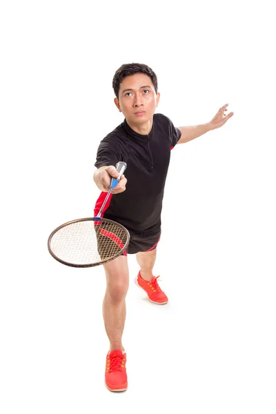 Jogador Badminton Asiático Masculino Uma Partida Retrato Comprimento Total Isolado — Fotografia de Stock