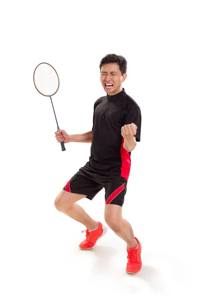 Emoção Jovem Jogador Badminton Depois Ganhar Jogo Retrato Comprimento Total — Fotografia de Stock