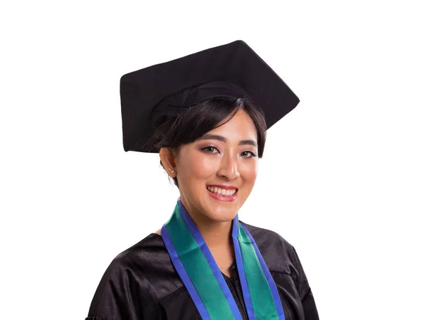 Närbild Porträtt Självsäkra Leende Asiatisk Universitetsstudent Klädd Hennes Graduation Outfits — Stockfoto