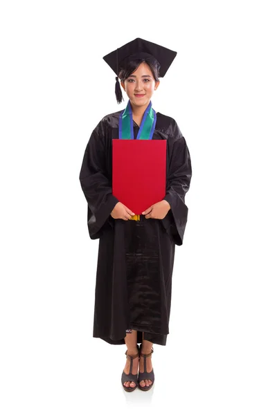 Graduada Asiática Estudante Comprimento Total Perfil Frontal Seu Vestido Acadêmico — Fotografia de Stock