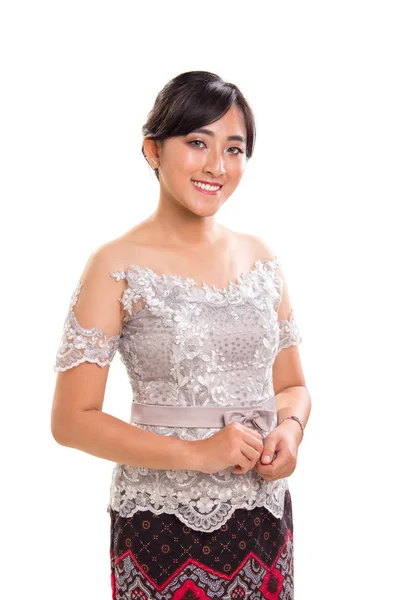 Beautiful Smiling Asian Girl Wearing Set Modern Styled Kebaya Traditional — Stock Photo, Image