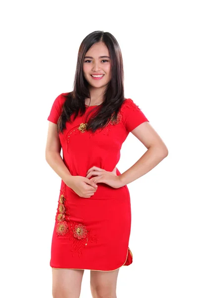 Beautiful Asian Female Model Dressed Cheongsam Standing White Studio Background — Stock Photo, Image