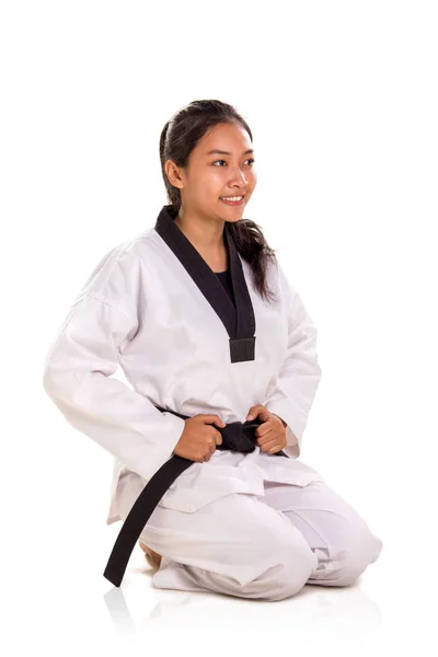 Beautiful Smiling Asian Female Martial Art Fighter Kneeling Pose Full — Stock Photo, Image
