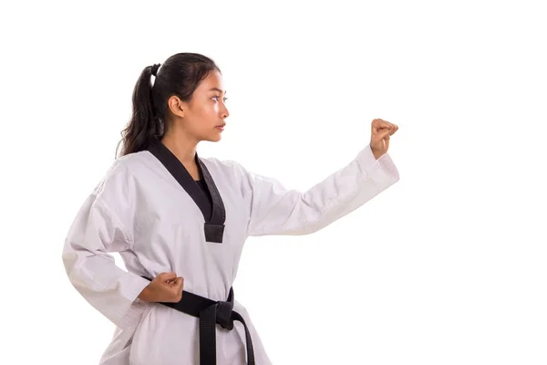 Sidan Visa Profil Karate Tjej Redo Att Brott Studio Skott — Stockfoto