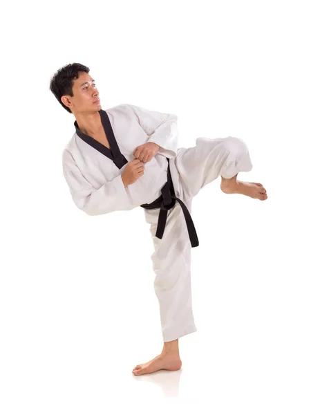 Karate Pria Mengangkat Kaki Kirinya Siap Untuk Snap Tendangan Samping — Stok Foto