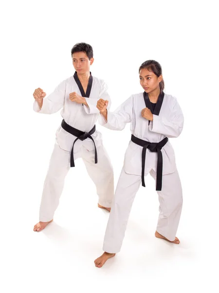 Full Length Portrait Male Female Martial Artists Together Standing Synchronized — Stock Photo, Image