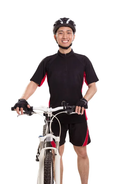 Chico Alegre Bicicleta Pie Con Bicicleta Sonriendo Cámara Aislado Sobre Fotos De Stock