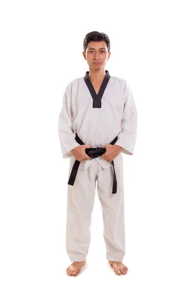 Standing profile of male black belt fighter, full length — Stock Photo, Image