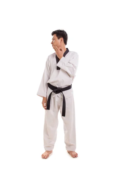 Male martial artist neck stretch sideways, full body — Stock Photo, Image