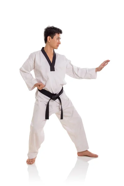 Karateka lucha postura vista lateral figura longitud completa —  Fotos de Stock