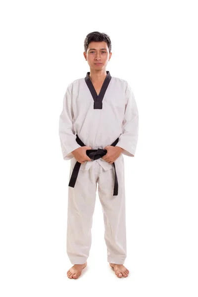Standing profile of male black belt fighter, full length Royalty Free Stock Photos