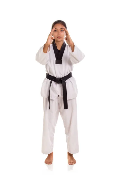 Tae-kwon-do lány, két nyitott kéz, teljes hossz. — Stock Fotó