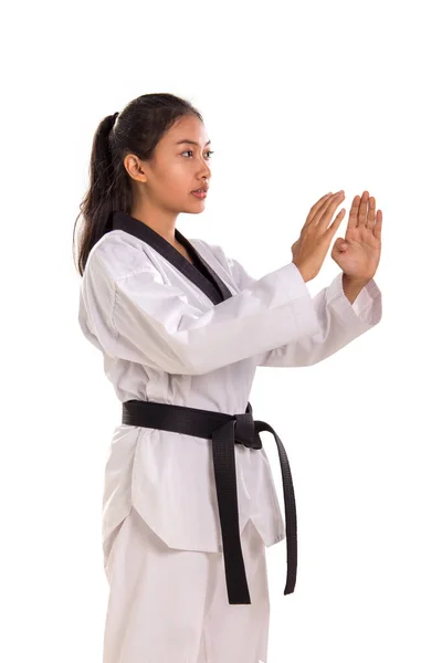Tae-kwon-do girl standing with double palms defense position — ストック写真