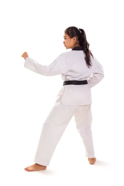 Female taekwondo fighter standing full body rear view — ストック写真