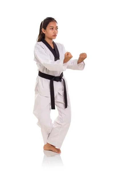 Vrouwelijke traditionele martial artist volledige lengte pose — Stockfoto