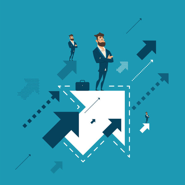 Searching for opportunities. Business couple standing on flying arrows. Concept business illustration
