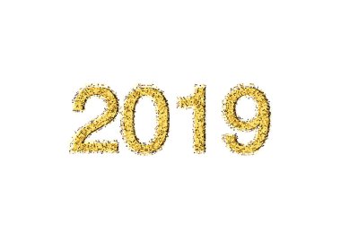 2019 mutlu yeni yıl. Numaraları altın Glitter tasarım tebrik kartı. Altın parlayan desen