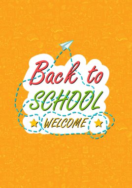 Eğitim kavramı. Elle çizilmiş okul malzemeleri ve komik konuşma balonu okul yazı için arkasına yazı tahtası ile Okul arka plan