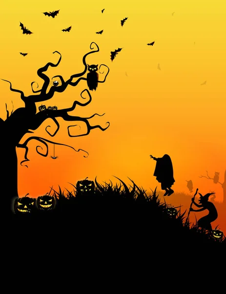 Fondo Halloween Bosque Espeluznante Con Árboles Muertos Calabazas Mesa Madera — Vector de stock