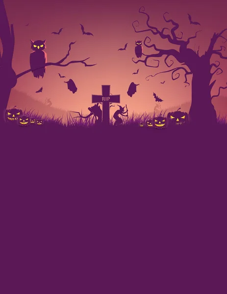 Fondo Halloween Bosque Espeluznante Con Árboles Muertos Calabazas Mesa Madera — Vector de stock