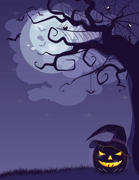 Fondo Halloween Bosque Espeluznante Con Árboles Muertos Calabazas Mesa Madera — Vector de stock