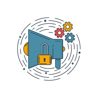 Vektör iş illüstrasyon mavi megafon simgesinin ve lineer tarzda kilit simgesi. Grafik tasarım dijital pazarlama kavramı. Anahat nesnesi. Web proje ve uygulamalar kullanmak. Hisse senedi çizgi nesnesi