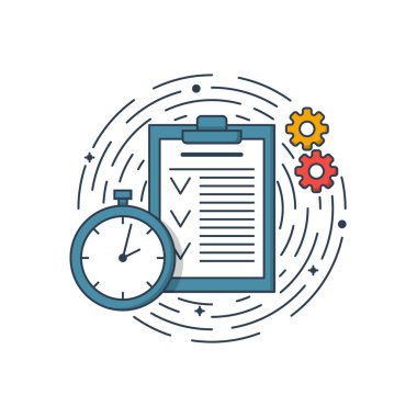 Vektör iş illüstrasyon mavi renkler klasör sayfa, saat ve mühendislik. Grafik tasarım ürün yönetimi kavramı. Web proje ve uygulama anahat nesnesini kullanmak