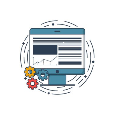 Vektör iş çizim alanı çizgi stili de mavi renkler masaüstü bilgisayar. Duyarlı tasarım grafik tasarım konsepti. Web proje ve uygulama anahat nesnesini kullanmak