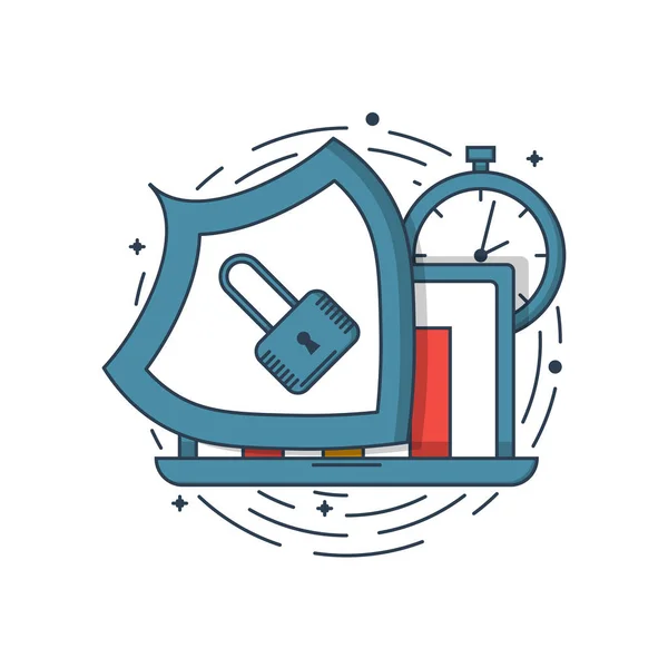 Vectorillustratie Business Voor Blauwe Kleuren Laptop Bescherming Schild Lock Icon — Stockvector