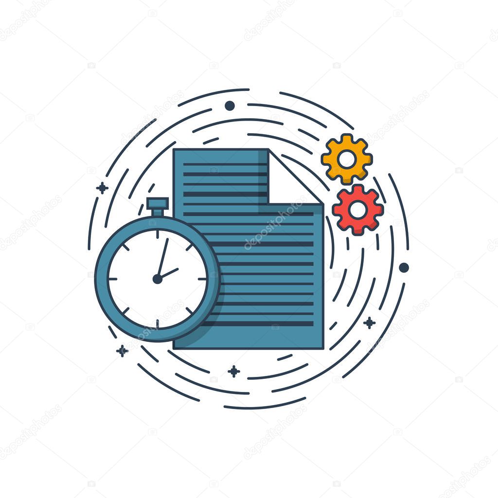 Vector business illustration of blue colors document, clock and engineering. Graphic design concept of product managment. Use in Web Project and app. Outline object