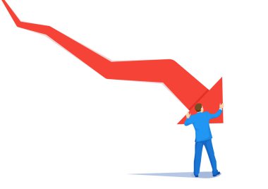 İflas iş adamı aşağı inen ok vektör kavramı ile itti. İflas, başarısızlık, durgunluk, kriz ve borsa piyasasında mali kayıp sembolü