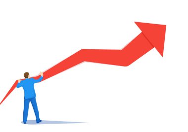 Yukarı yukarı ok vektör kavramı tarafından geliştirme iş adamı. Büyüme, başarı, geliştirme, kriz ve hisse senedi piyasasında mali zaferler kurtarma sembolü