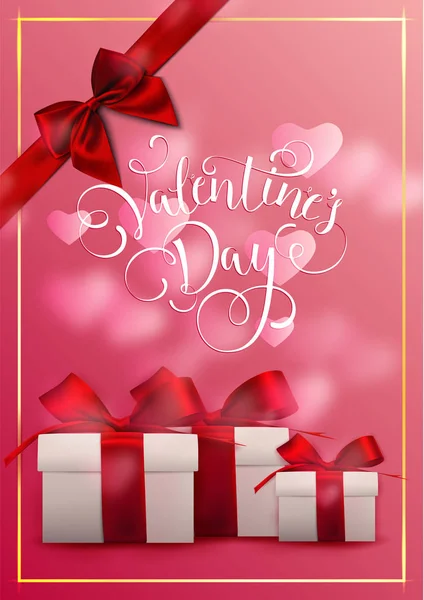 礼物盒与红色蝴蝶结丝带和心脏在粉红色的背景上为情人节 — 图库矢量图片