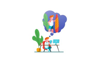 İş adamı rahatlatıcı ve sörf ve tatil hakkında bir tropik adada onun iş yerinde hayal ediyor. Modern ofis iç. İş kavramı. Vektör çizim. -Vektör