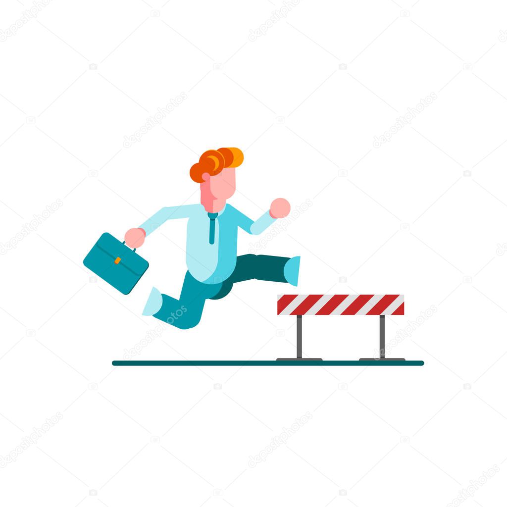 Confident businessman jumping over hurdle. Business concept of overcoming obstacles and achieving the goal. Vector illustration. - Vector