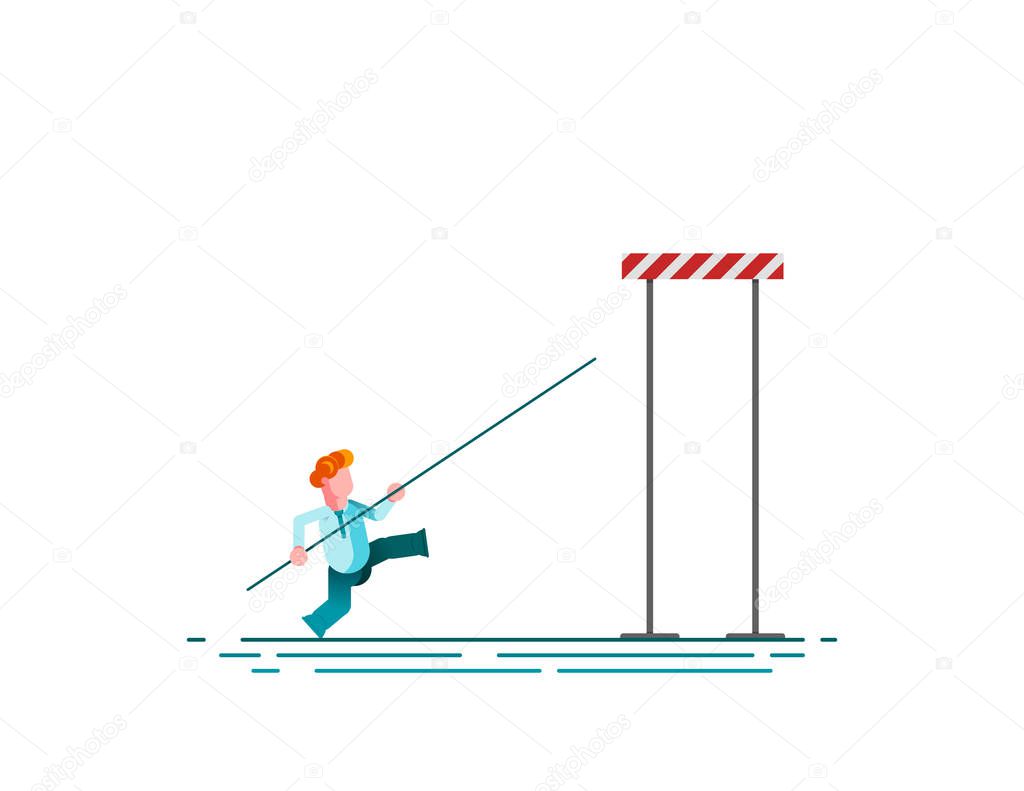 Business challenge vector concept with businessman jumping pole vault over barrier. Symbol of motivation, finding solution, overcome obstacles and success.
