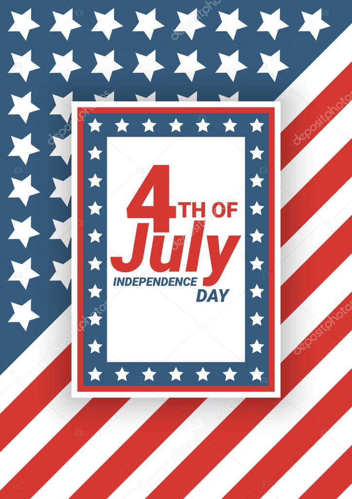 Happy 4th of July USA Independence Day greeting card with waving american national flag and hand lettering text design. Vector illustration. - Vector