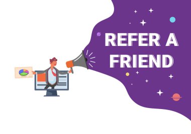 Arkadaş vektör illüstrasyonu kavramını referans alın, insanlar megafonla arkadaş kelimesiyle sesleniyorlar, iniş sayfası, şablon, ui, web, mobil uygulama, poster afişi veya el ilanı için kullanabilirler. Dijital iş - Vect