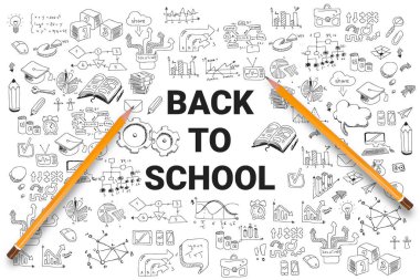 School supplies on the background of drawings. Back to school concept. Modern vector illustration. - Vector clipart