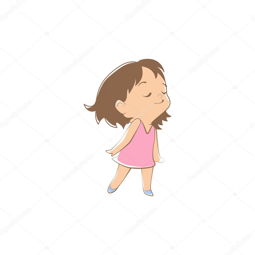 Cute little baby girl in a dress. Active kid jumping, spinning and resting. Childhood. Healthy baby play.Vector illustration isolated on white background. - Vector
