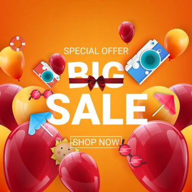 Kırmızı ve sarı yüzen balonlar, hediyeler ile Satış afiş. Vektör illüstrasyon. - Vektör