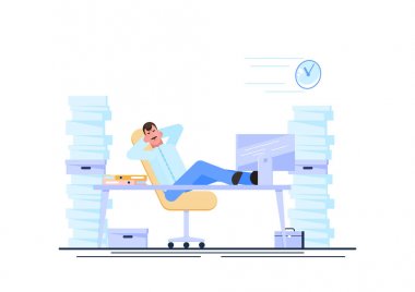 İş adamı, çalışma saatleri içinde işyeri masasında, kağıt lar arasında bir yığın kağıtla dinleniyor. Zaman kavramını geciktirme ve israf etme. Vektör illüstrasyon. - Vektör