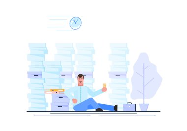 İş adamı, çalışma saatleri içinde işyeri masasında, kağıt lar arasında bir yığın kağıtla dinleniyor. Zaman kavramını geciktirme ve israf etme. Vektör illüstrasyon. - Vektör