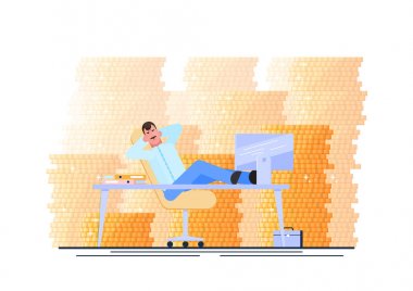 Başarılı bir iş adamı. İş adamı işyerinde dinleniyor. Zaman kavramını geciktirme ve israf etme. Vektör illüstrasyon. - Vektör